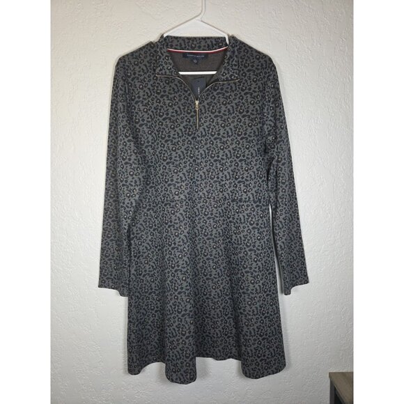 Tommy Hilfiger Gray Blue Cheetah Print Long Sleeve Sweater Dress 1/4 Zipper XL - Picture 1 of 5